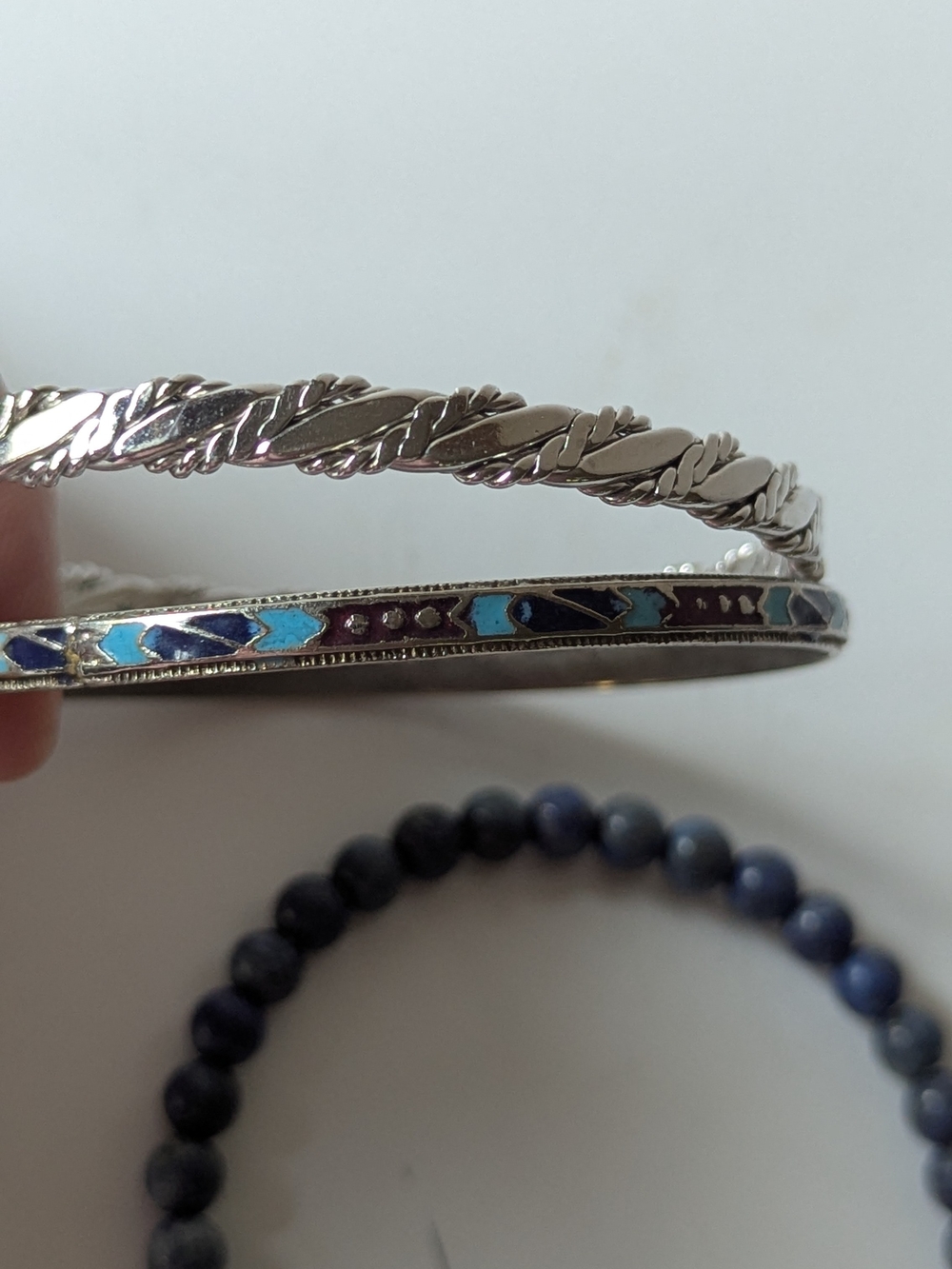 Silvertone and Blue Beaded Stackable Bracelet Set - Picture 4 of 9